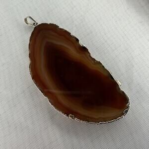 Vintage silver tone metal encased orange agate pendant 3” By 1.5” Pretty Pattern